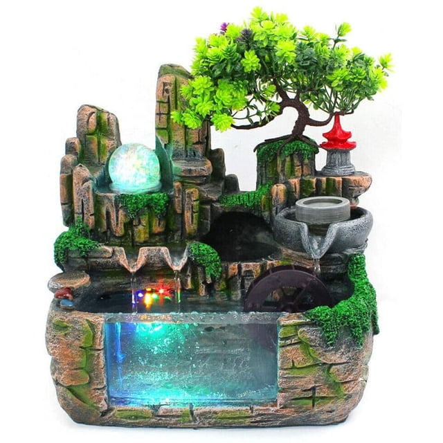 Indoor Tabletop Water Fountain With LED Light - Polyresin Rockery Waterfall Decor For Home Office Relaxation