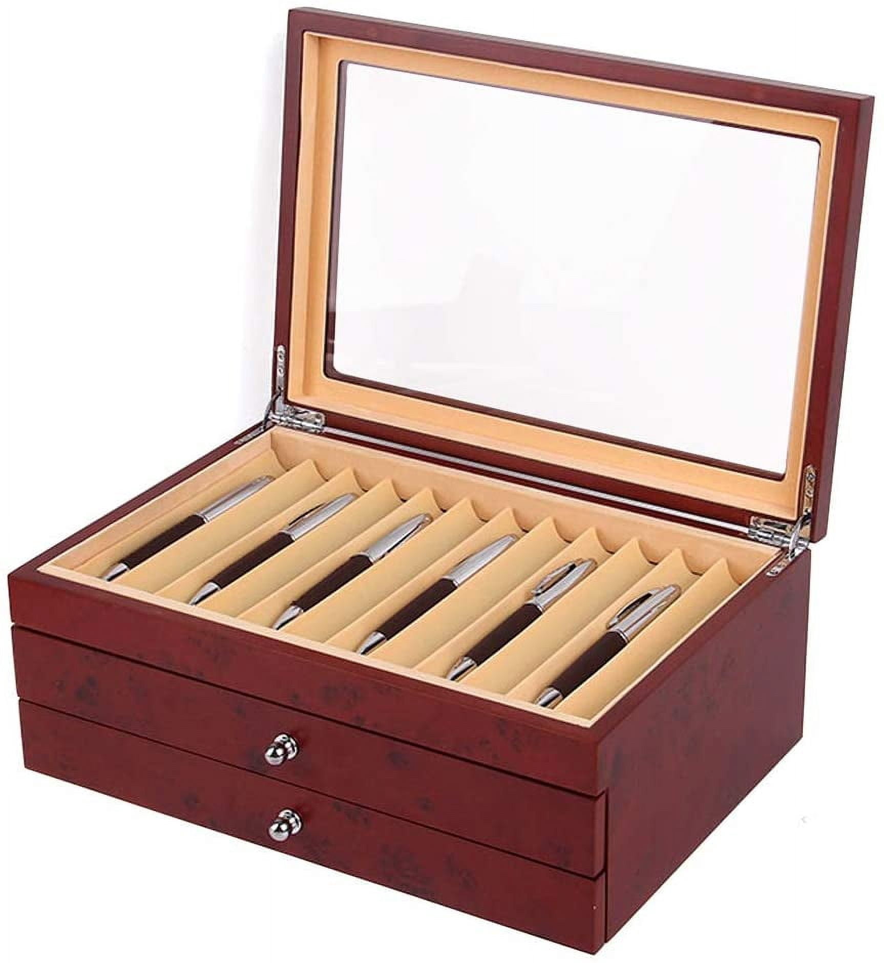 ANQIDI Pen Box 3 Layers High-grade 34 Slots Sandalwood Wood Fountain Pen Storage Collector Box with Glass Lid and Drawer (​Red)