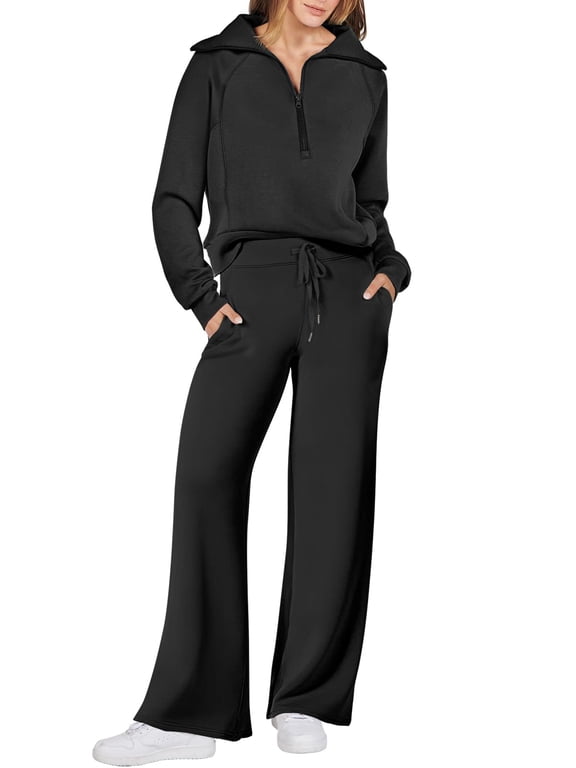 2 Piece Outfits for Women Half Zip Sweatshirt & Wide Leg Pants Airport Travel Lounge Matching Fall Winter Sets Sweatsuits Clothing Black XX-Large