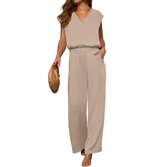 ANRABESS 2 Piece Sets for Women Lounge Outfits Summer V Neck Cap Sleeve Top Wide Leg Pants Vacation Beach Travel Set Apricot Large