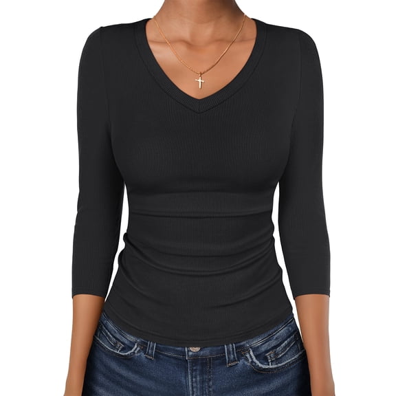 ANRABESS V Neck Shirts for Women 3/4 Sleeve Ribbed Knit Fitted Tee, Soft Stretch Basic Casual Work Top Black Large