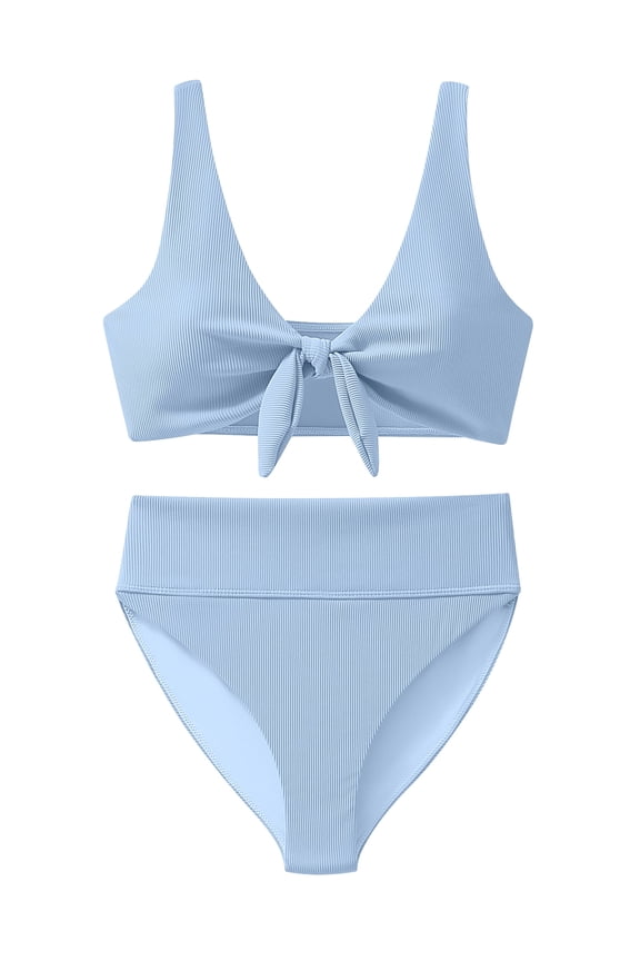 High Waisted Bikini Set for Women Tie Front Ribbed 2 Piece Bathing Suit V Neck Tummy Control Beach Swimwear Size S