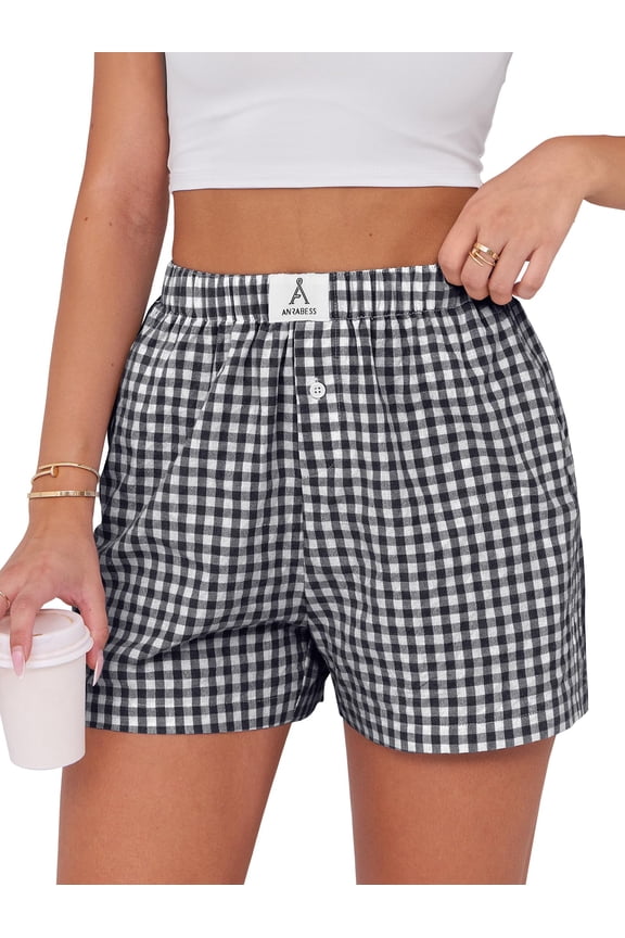 Boxer Shorts for Women Pajama Gingham Shorts 2026 Summer Casual Lounge Shorts Elastic Waist Beach Sleep Shorts Trendy Y2K Plaid Pajama Bottoms with Pockets