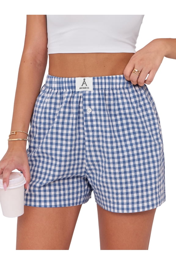 Boxer Shorts for Women Pajama Gingham Shorts 2026 Summer Casual Lounge Shorts Elastic Waist Beach Sleep Shorts Trendy Y2K Plaid Pajama Bottoms with Pockets