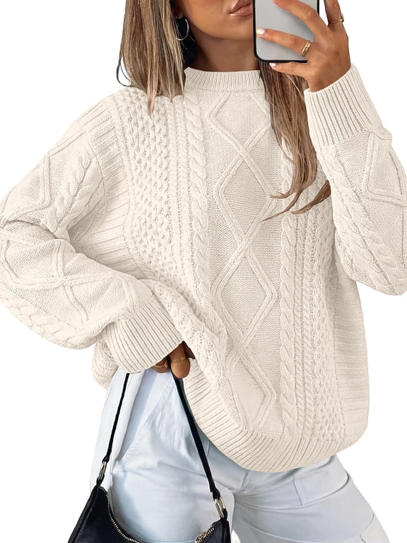 Cable Knit Sweaters for Women, Oversized Chunky Knitted Crewneck Pullover Long Sleeve Casual Tops, Loose Fit Fall Winter Sweater for Work, Travel, Home, Daily Wear - Cream,L