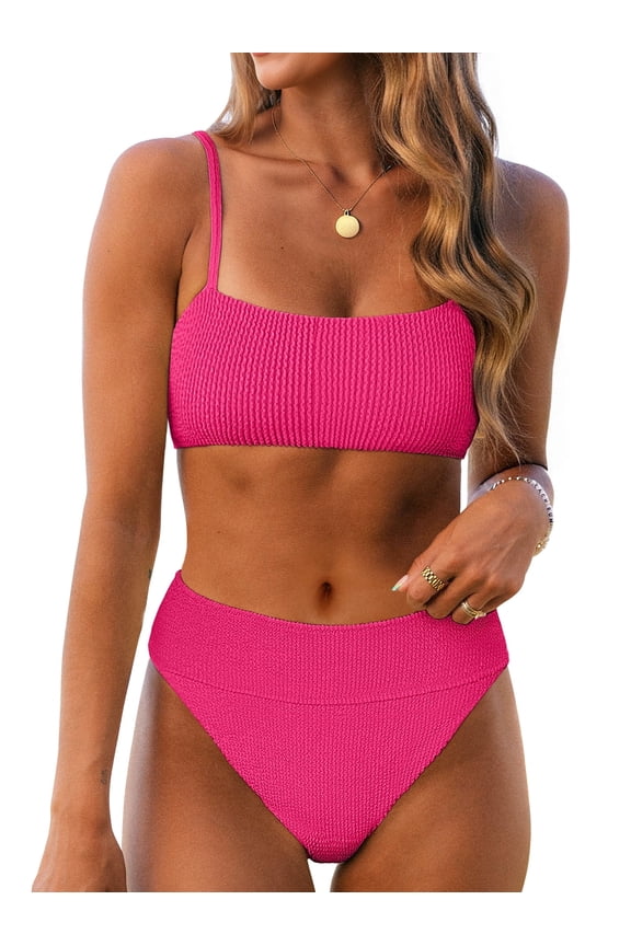 Tummy Control 2 Piece Swimsuits for Women High Waisted Bikini Sets Ribbed Textured Bathing Suits Beach Swimwear Hot Pink M