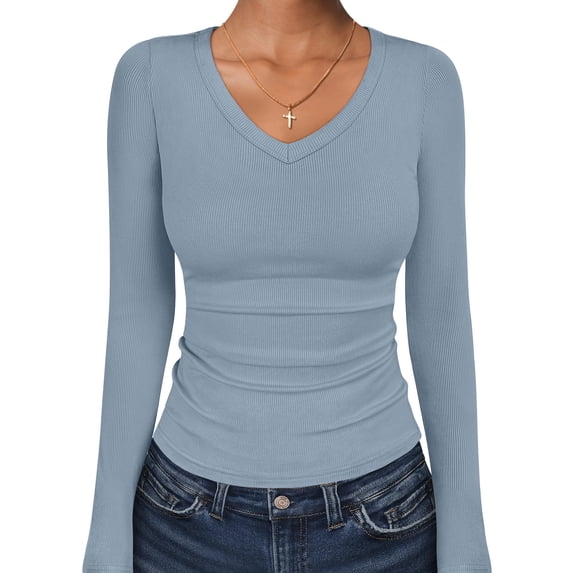 ANRABESS Long Sleeve Shirts for Women Soft Comfy Ribbed Knit Fitted T-Shirts Casual Trendy Y2K Basic Tops Fall Winter Underscrub Layering Clothes Grey Blue XX-Large