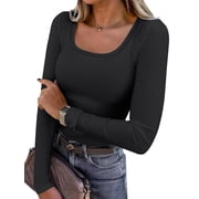 Long Sleeve Shirts for Women Ribbed Knit Slim Fitted Casual Tops Scoop Neck Basic Tee Spring Fall Fashion Clothes Black X-Large