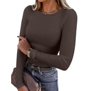 ANRABESS Long Sleeve Shirts for Women Ribbed Knit Slim Fit Basic Tops Crewneck Tees Spring Fall Casual Underscrubs Layer Clothes Brown Medium