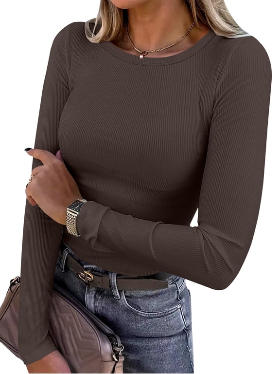 Long Sleeve Shirts for Women Ribbed Knit Slim Fit Basic Tops Crewneck Tees Spring Fall Casual Underscrubs Layer Clothes Brown XX-Large