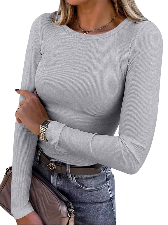 Long Sleeve Shirts for Women Ribbed Knit Slim Fit Basic Tops Crewneck Tees Spring Fall Casual Underscrubs Layer Clothes Grey Small