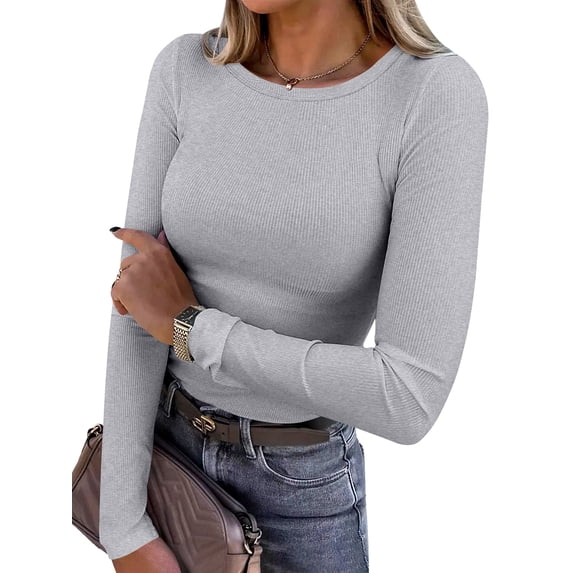 ANRABESS Long Sleeve Shirts for Women Ribbed Knit Slim Fit Basic Tops Crewneck Tees Spring Fall Casual Underscrubs Layer Clothes Grey X-Large
