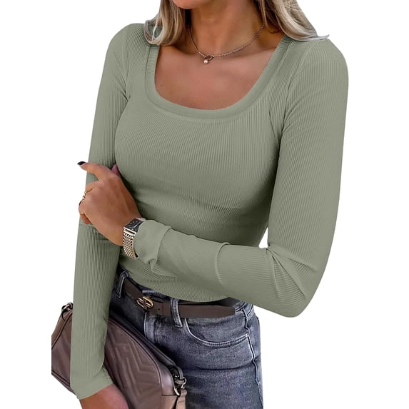 ANRABESS Long Sleeve Shirts for Women Ribbed Knit Slim Fitted Casual Tops Scoop Neck Basic Tee Spring Fall Fashion Clothes Olive Medium