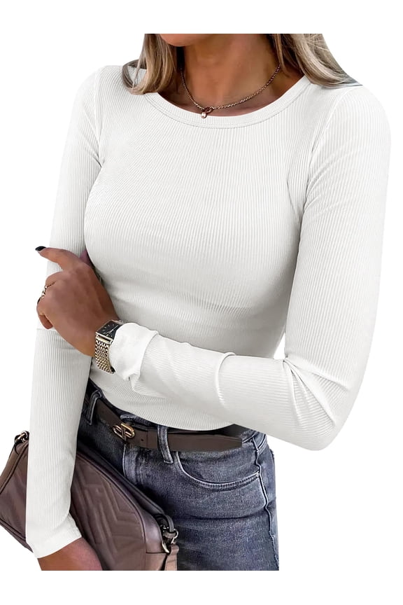 Long Sleeve Shirts for Women Ribbed Knit Slim Fit Basic Tops Crewneck Tees Spring Fall Casual Underscrubs Layer Clothes White Large