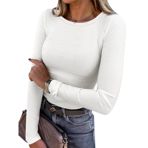 ANRABESS Long Sleeve Shirts for Women Ribbed Knit Slim Fit Basic Tops Crewneck Tees Spring Fall Casual Underscrubs Layer Clothes White Large