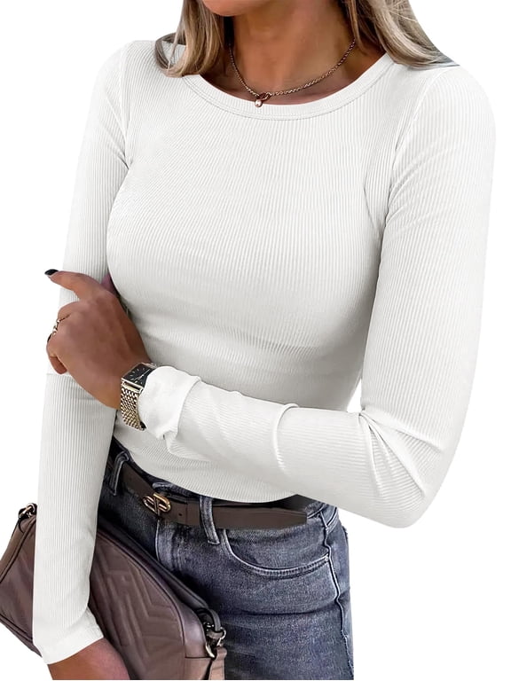 Long Sleeve Shirts for Women Ribbed Knit Slim Fit Basic Tops Crewneck Tees Spring Fall Casual Underscrubs Layer Clothes White Medium