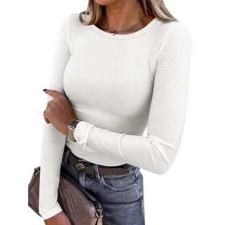 ANRABESS Long Sleeve Shirts for Women Ribbed Knit Slim Fit Basic Tops Crewneck Tees Spring Fall Casual Underscrubs Layer Clothes White X-Large