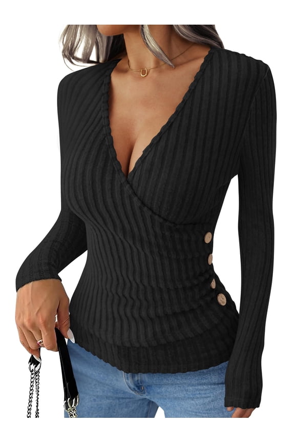 Long Sleeve V Neck Shirts for Women Ribbed Knit Slim Fit Wrap Top Comfy Soft Sexy Sweater Spring Fall Winter Dressy Casual Clothes Black Large