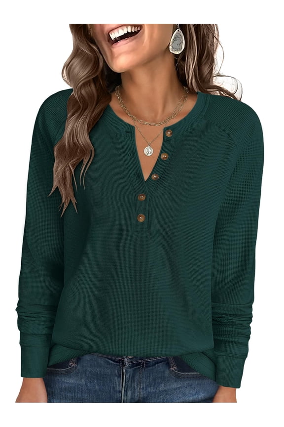 Long Sleeve Waffle Knit Shirts for Women Spring Fall Dressy Casual Button Up V Neck Henley Tops Loose Basic Tees Winter Clothes Deep Green XX-Large