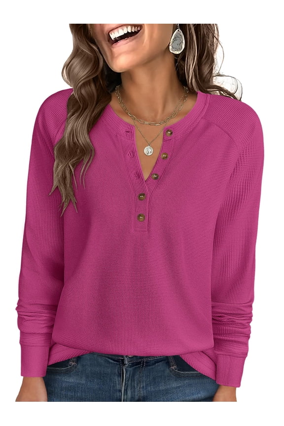 Long Sleeve Waffle Knit Shirts for Women Spring Fall Dressy Casual Button Up V Neck Henley Tops Loose Basic Tees Winter Clothes Hot Pink Medium