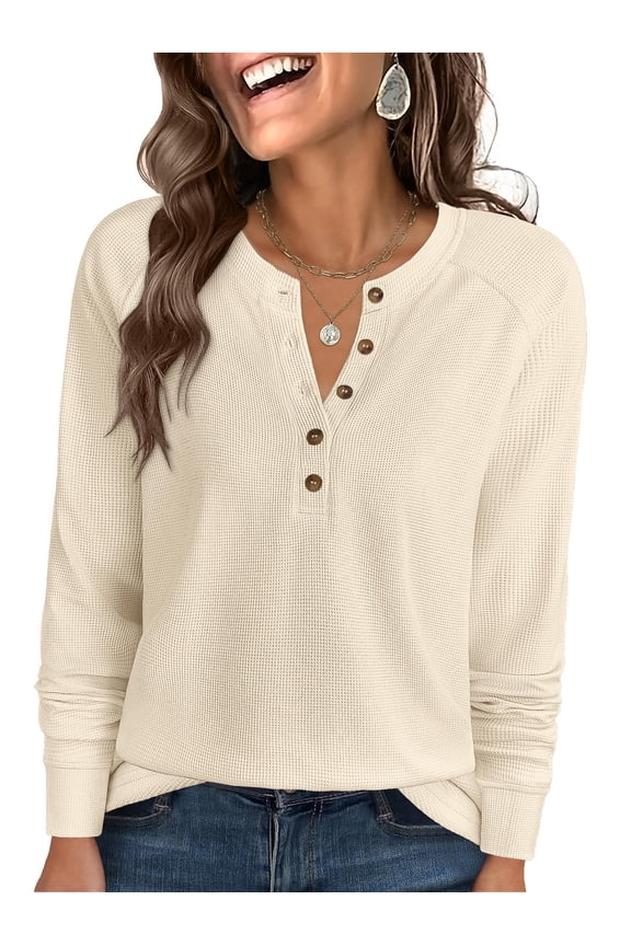 Long Sleeve Waffle Knit Shirts for Women Spring Fall Dressy Casual Button Up V Neck Henley Tops Loose Basic Tees Winter Clothes Parchment Large
