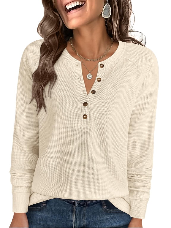 Long Sleeve Waffle Knit Shirts for Women Spring Fall Dressy Casual Button Up V Neck Henley Tops Loose Basic Tees Winter Clothes Parchment Large