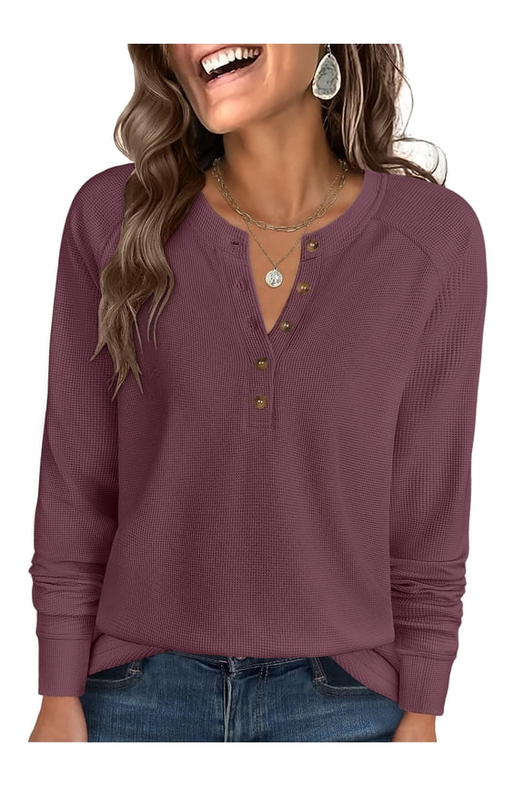 Long Sleeve Waffle Knit Shirts for Women Spring Fall Dressy Casual Button Up V Neck Henley Tops Loose Basic Tees Winter Clothes Mauve Large