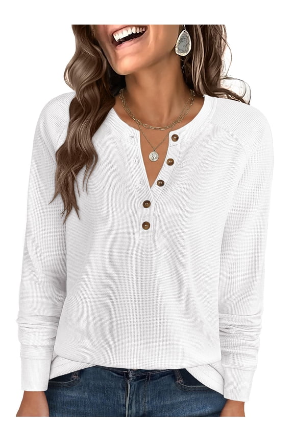 Long Sleeve Waffle Knit Shirts for Women Spring Fall Dressy Casual Button Up V Neck Henley Tops Loose Basic Tees Winter Clothes White Small
