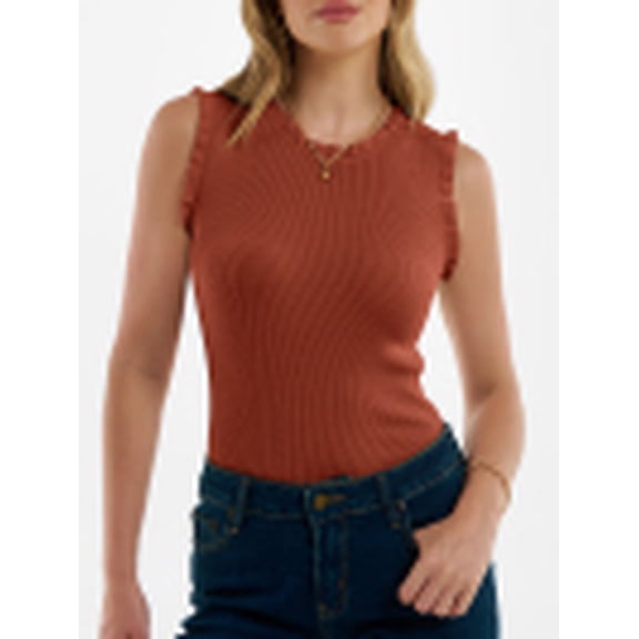 ANRABESS Women Tank Tops Ruffle Sleeveless Ribbed Knit Shirts Crew Neck Summer Tops Slim Fitted Blouses for Women Dressy Casual Rust S