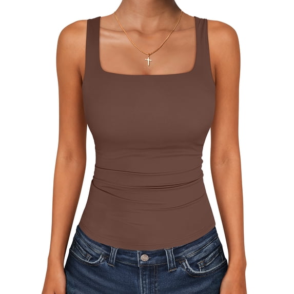 ANRABESS Women's Square Neck Tank Tops Double Lined Workout Tops for Women Trendy Summer Seamless Slim Fitted Basic Tight T Shirts Brown XS