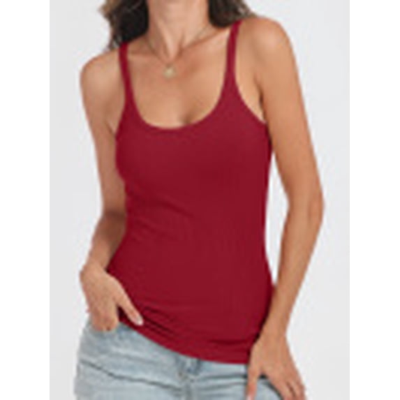 ANRABESS Women's Spaghetti Strap Ribbed Tank Top Sleeveless Camisole Tops Slim Fitted Scoop Neck Going Out Tops Basic Layering Shirts Summer Outfits Red S