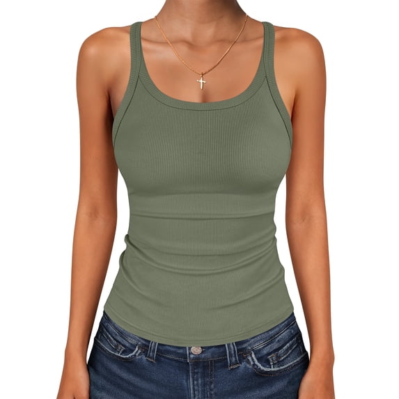 ANRABESS Tank Top for Womens Summer 2026 Scoop Neck Sleeveless Ribbed Knit Workout Basic Tees Slim Fitted Cami Shirts Sage Green X-Large