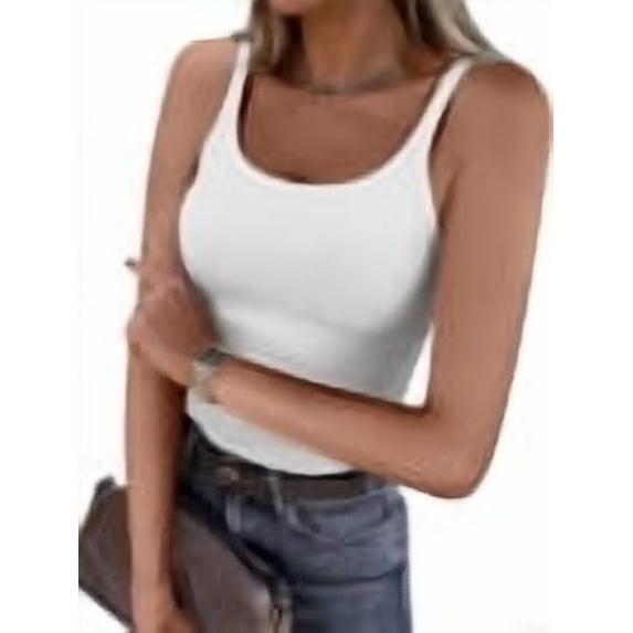 ANRABESS Women's Spaghetti Strap Ribbed Tank Top Sleeveless Camisole Tops Slim Fitted Scoop Neck Going Out Tops Basic Layering Shirts Summer Outfits White S