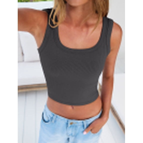 ANRABESS Crop Tops for Women Square Neck Sleeveless Ribbed Tank Tops Slim Fitted Basic Tee Shirts Cami Summer Clothes Charcoal M