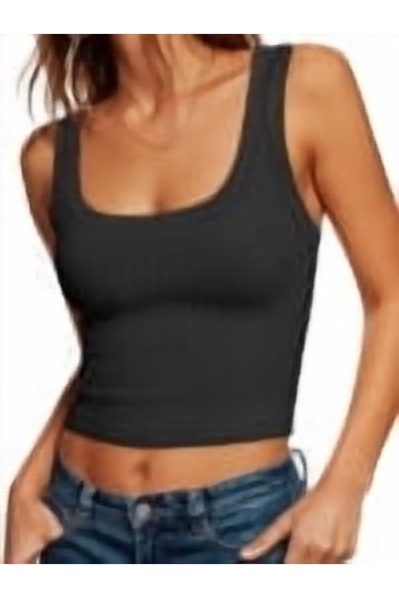 Crop Tops for Women Square Neck Sleeveless Ribbed Tank Tops Slim Fitted Basic Tee Shirts Cami Summer Clothes Black M