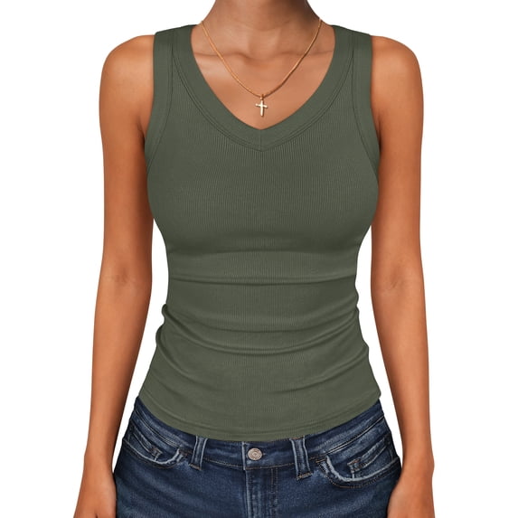 ANRABESS Womens Tank Tops 2026 Ribbed V Neck Summer Tops Basic Slim Fitted Sleeveless T Shirts Soft Knit Cami Tee Casual Layering Shirts Army Green M