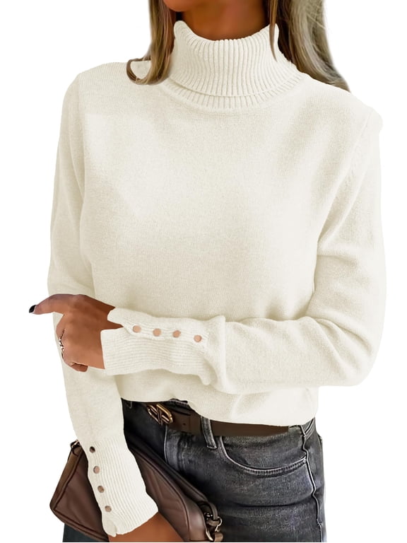 Turtleneck Sweaters for Women Long Sleeve Tops | 2026 Fall Winter Fashion Clothes, Office Work Daily Wear Dressy Casual Outfits, Soft Knitted Ribbed Button-Cuff Pullover Top