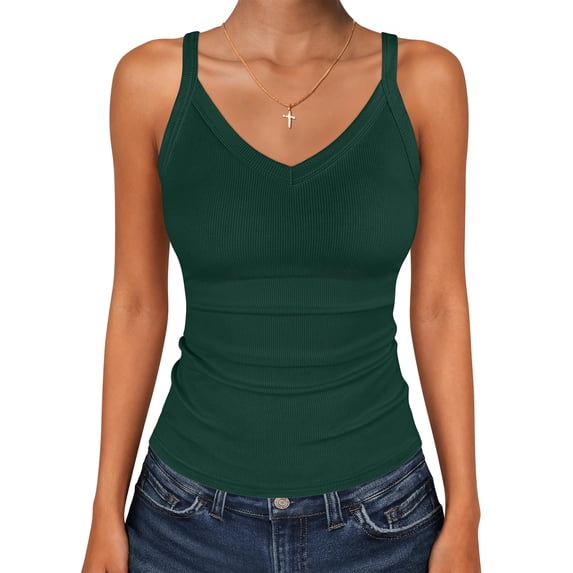 ANRABESS V Neck Tank Tops for Women Ribbed Knit Camisole 2026 Summer Casual Sleeveless Slim Fitted Basic Cami Shirts Clothes Deep Green XX-Large
