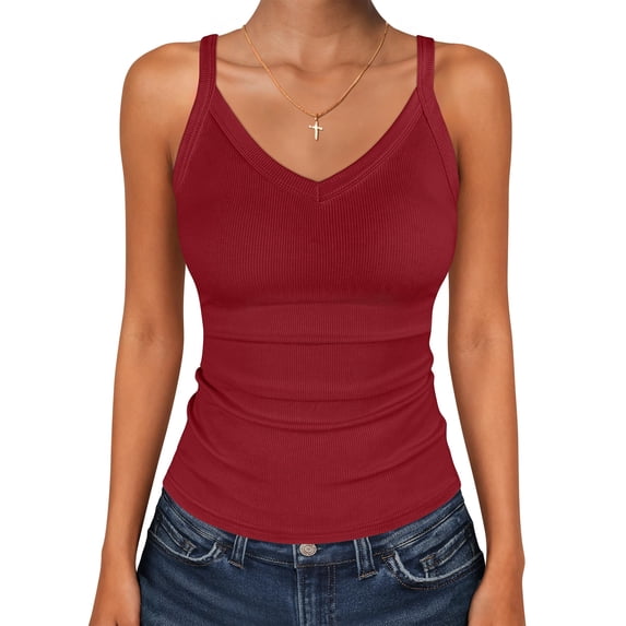ANRABESS V Neck Tank Tops for Women Ribbed Knit Camisole 2026 Summer Casual Sleeveless Slim Fitted Basic Cami Shirts Clothes Red X-Small