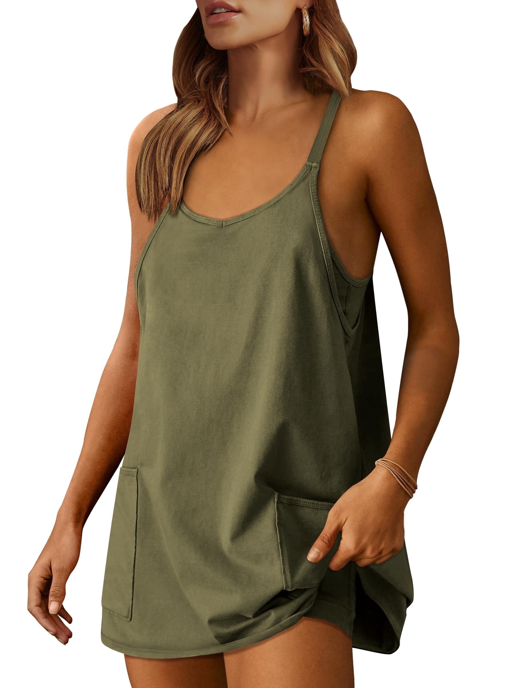 ANRABESS Athletic Dress for Women Tennis Dress with Shorts Summer Active Workout Romper Dress Sleeveless Spaghetti Strap Mini Dress Casual Sundress Vacation Outfits Army Green L