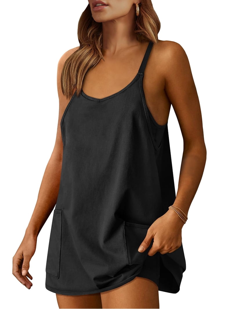 ANRABESS Athletic Dress for Women Tennis Dress with Shorts Summer Active Workout Romper Dress Sleeveless Spaghetti Strap Mini Dress Casual Sundress Vacation Outfits Black M
