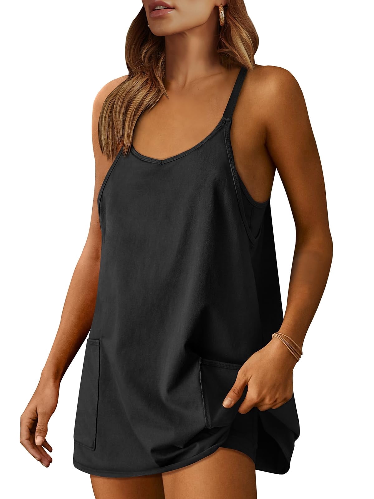 ANRABESS Athletic Dress for Women Tennis Dress with Shorts Summer Active Workout Romper Dress Sleeveless Spaghetti Strap Mini Dress Casual Sundress Vacation Outfits Black XS