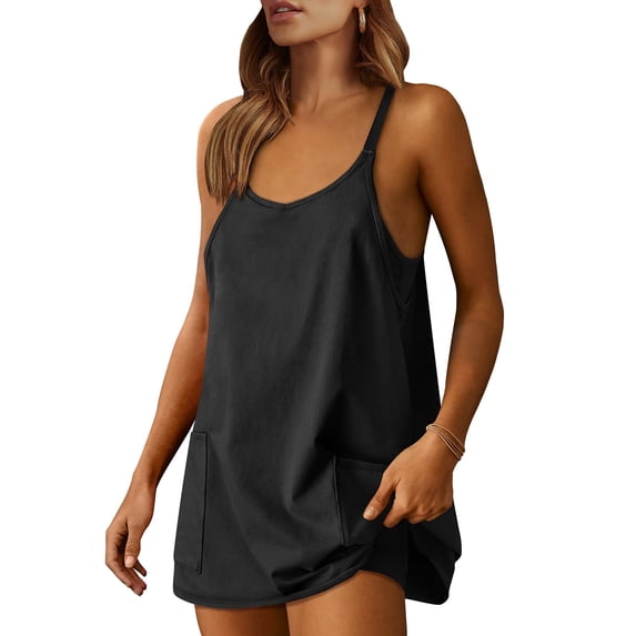 ANRABESS Athletic Dress for Women Tennis Dress with Shorts Summer Active Workout Romper Dress Sleeveless Spaghetti Strap Mini Dress Casual Sundress Vacation Outfits Black XS