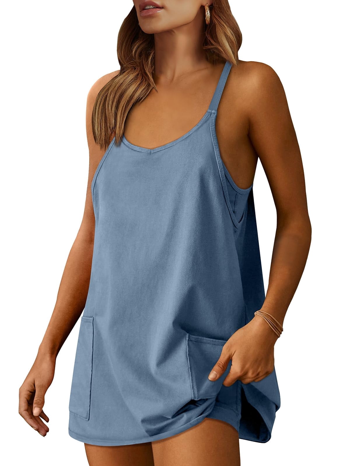 ANRABESS Athletic Dress for Women Tennis Dress with Shorts Summer Active Workout Romper Dress Sleeveless Spaghetti Strap Mini Dress Casual Sundress Vacation Outfits Blue L