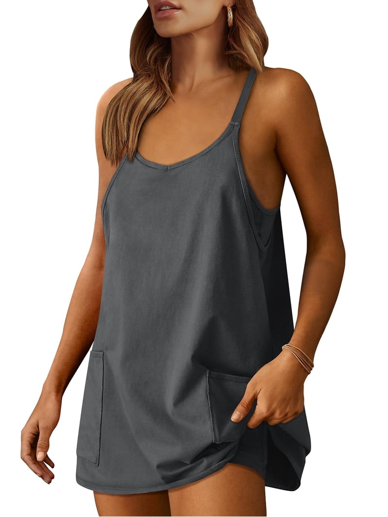 ANRABESS Athletic Dress for Women Tennis Dress with Shorts Summer Active Workout Romper Dress Sleeveless Spaghetti Strap Mini Dress Casual Sundress Vacation Outfits Gray XXL