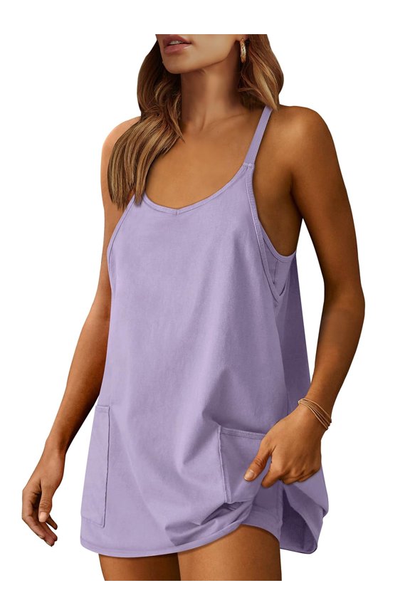 Athletic Dress for Women Tennis Dress with Shorts Summer Active Workout Romper Dress Sleeveless Spaghetti Strap Mini Dress Casual Sundress Vacation Outfits Light Purple L