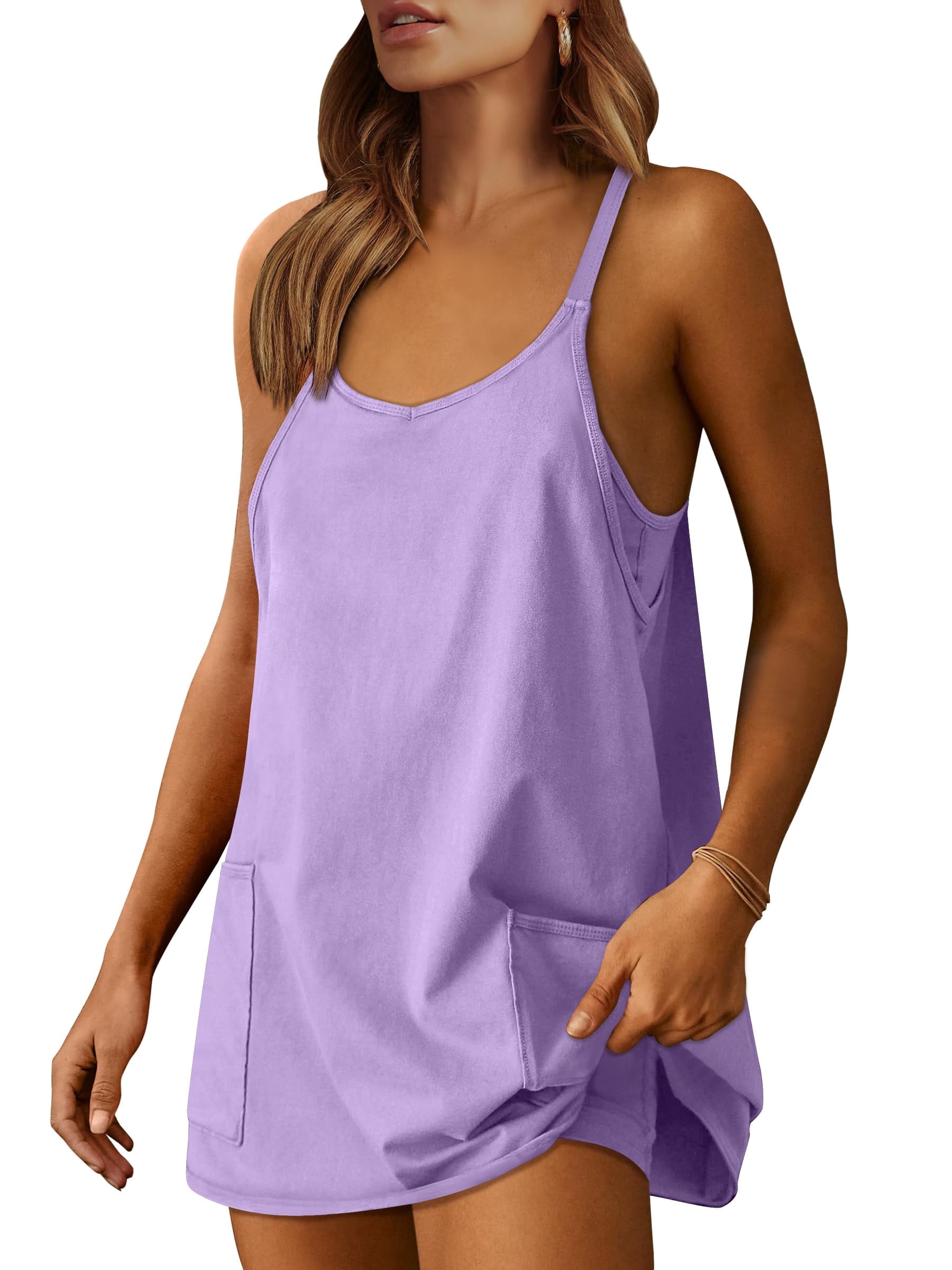 ANRABESS Athletic Dress for Women Tennis Dress with Shorts Summer Active Workout Romper Dress Sleeveless Spaghetti Strap Mini Dress Casual Sundress Vacation Outfits Purple S