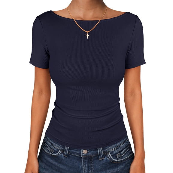ANRABESS Women Boat Neck Tops Short Sleeve T-Shirts Ribbed Knit Tight Fitted Basic Tees Shirts 2026 Summer Clothes Navy Blue Large
