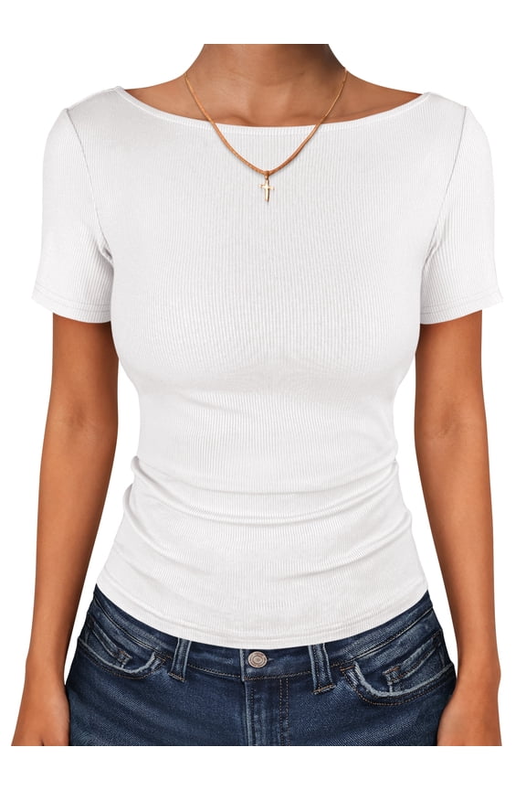 Women Boat Neck Tops Short Sleeve T-Shirts Ribbed Knit Tight Fitted Basic Tees Shirts 2026 Summer Clothes White Large
