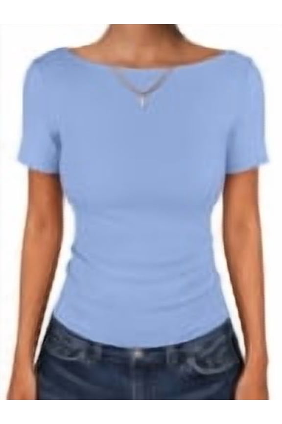 Women Boat Neck Tops Short Sleeve T-Shirts Ribbed Knit Tight Fitted Basic Tees Shirts 2026 Summer Clothes sky blue Large